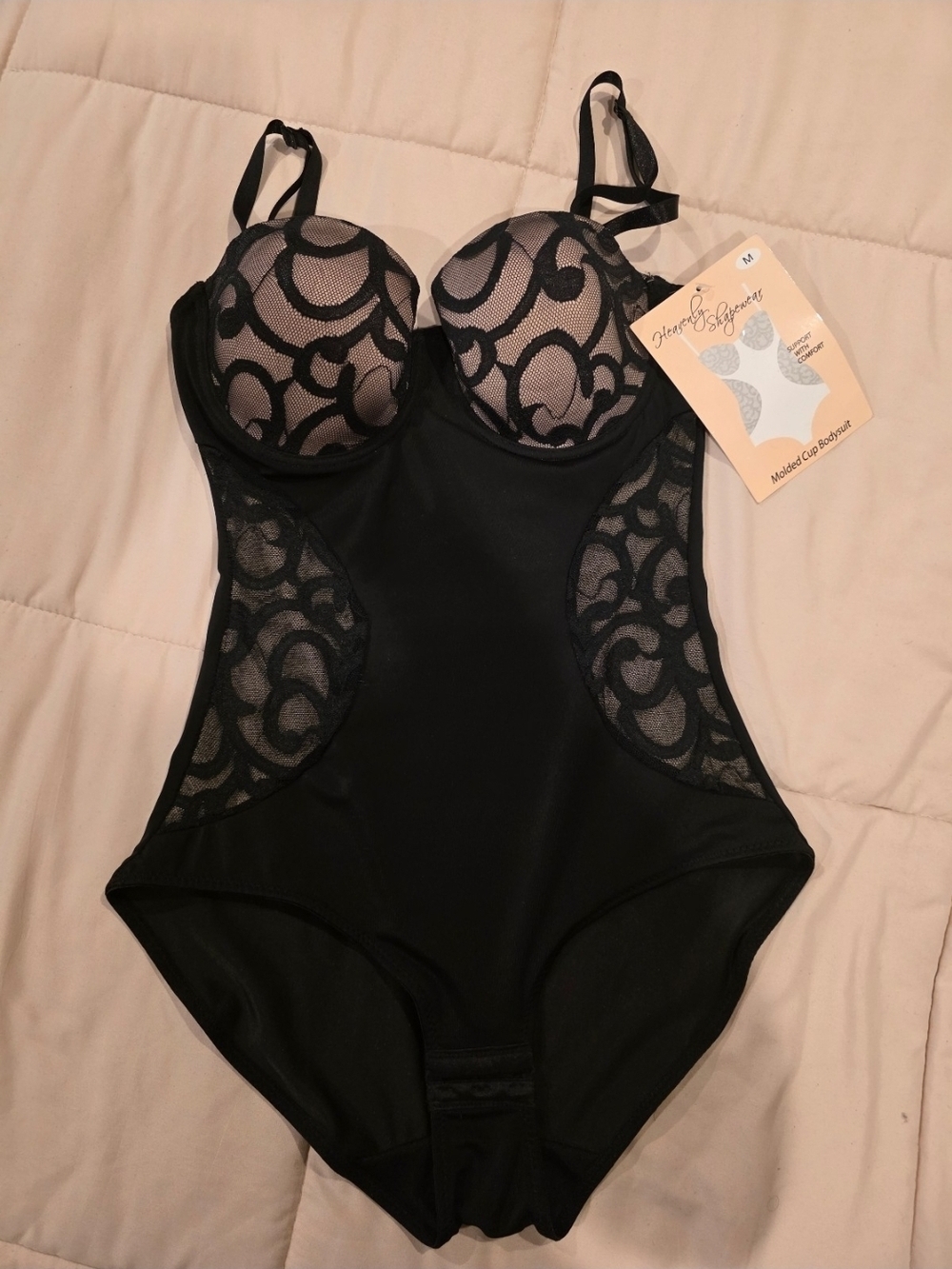 Heavenly Shapewear Black Lace Bodysuit M Molded Cup New With Tags